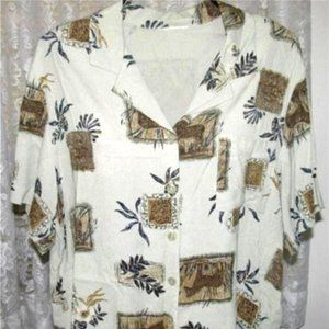 BROWN & BLACK on PALE GREEN Shirt Poly Crepe Top Size Plus 1X